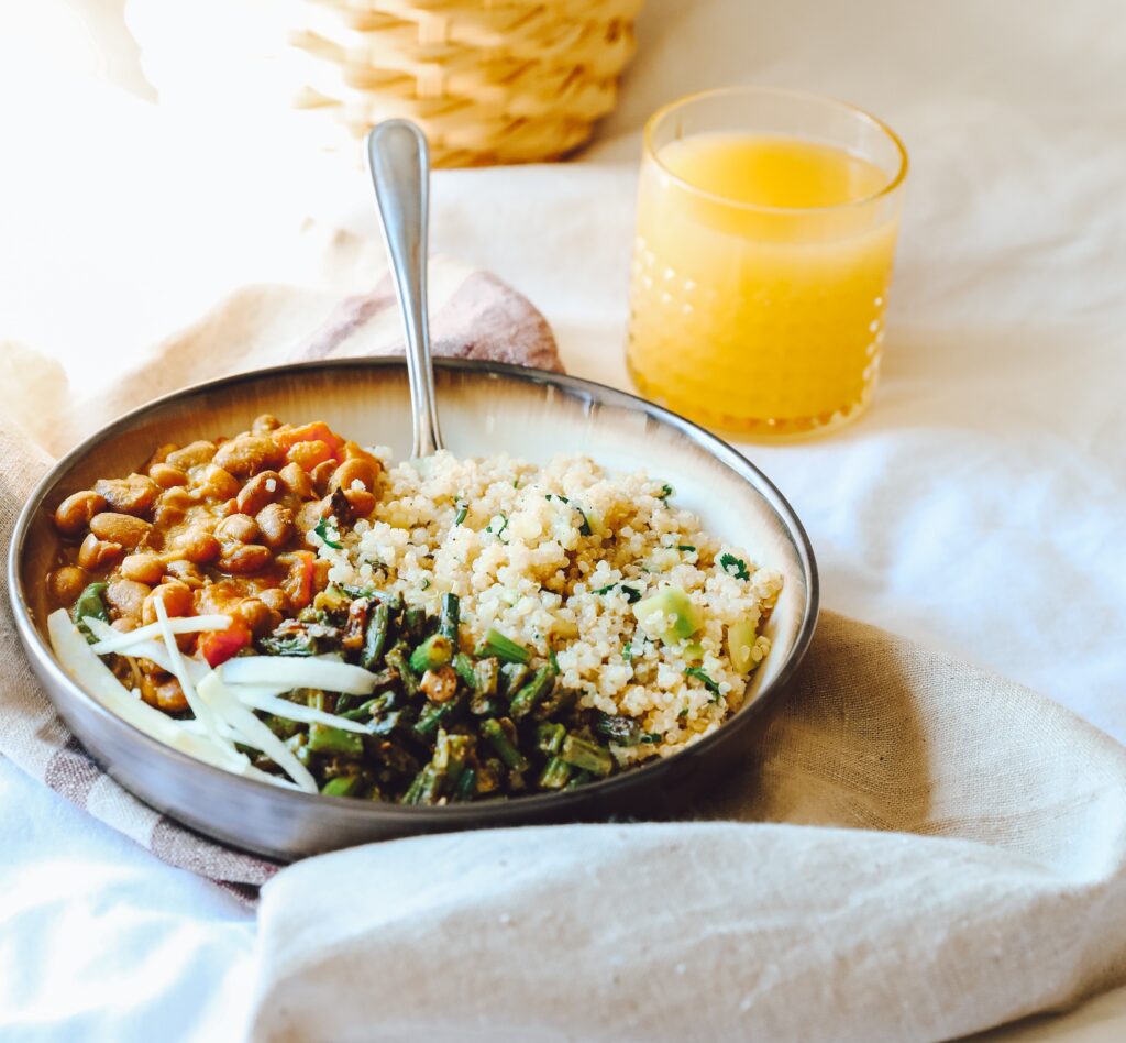 Bowl with beans, rice and green beans